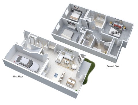 3-D floor plan of 2-story townhome with 3-bedrooms & 2.5 bathrooms as well as attached 1-car garage
